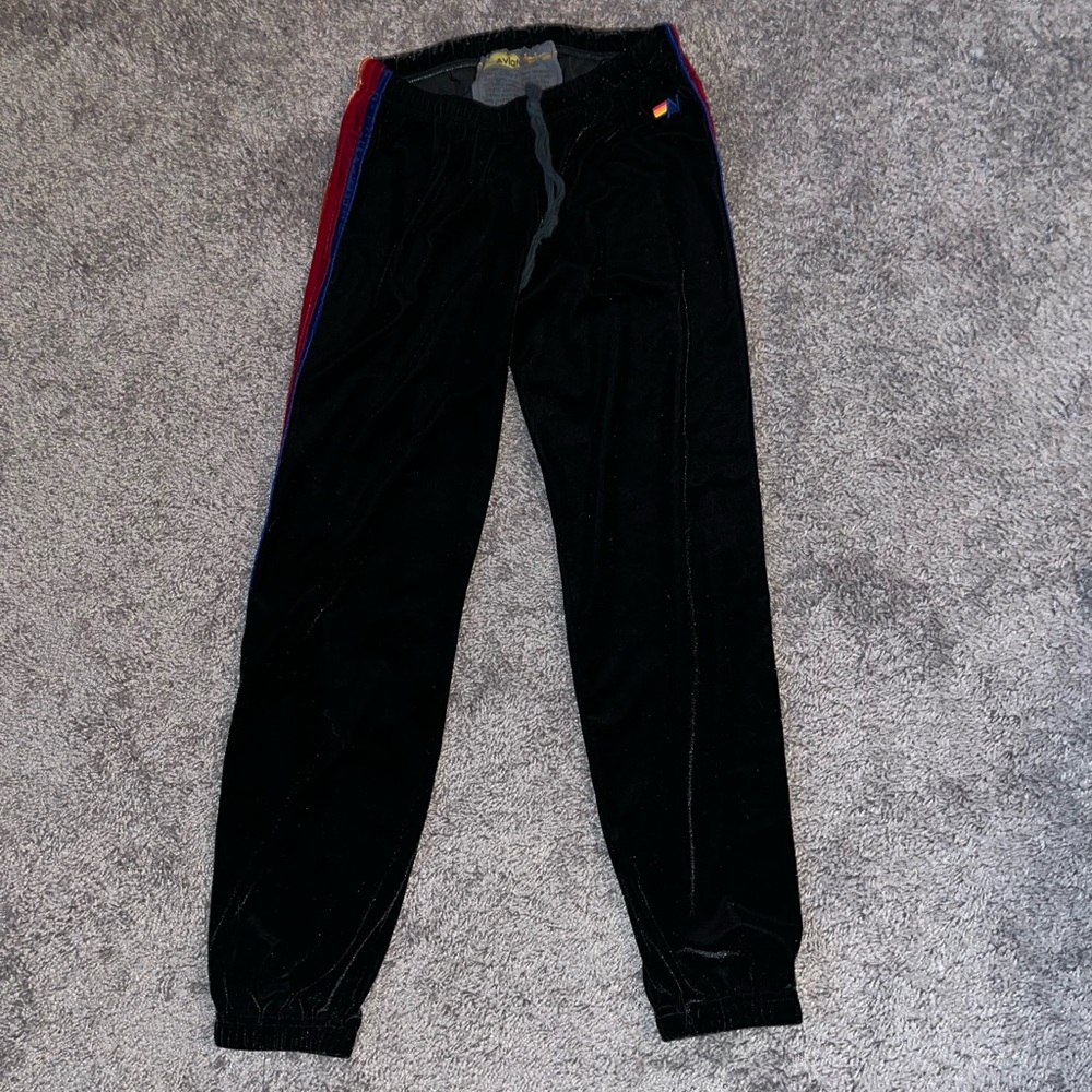 Aviator Nation Black Track Pants with Rainbow Stripe